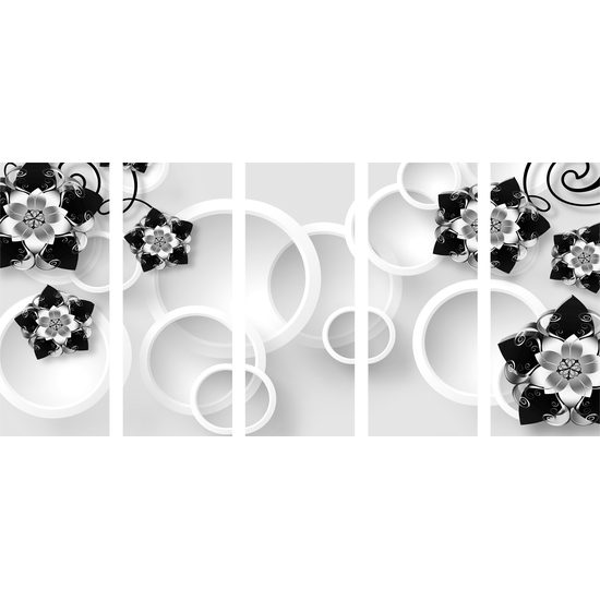 5-dielny obraz kvety na abstraktnom pozadí v čiernobielom pozadí