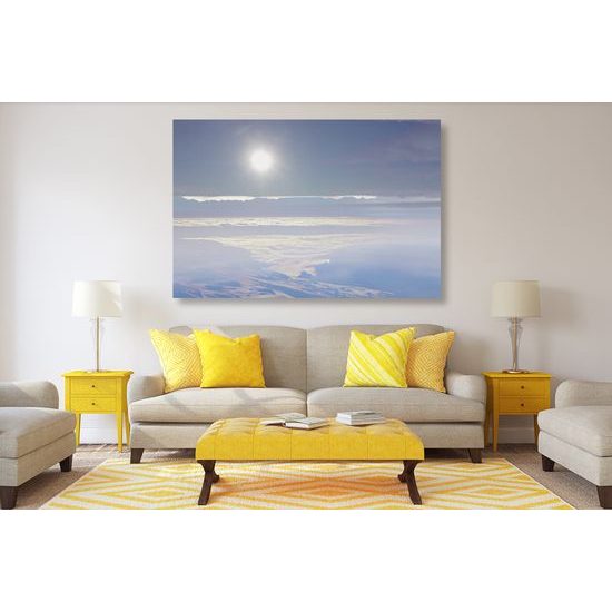 Obraz slnko nad zahmlenou krajinou