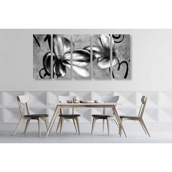 5-dielny obraz čiernobiele umelecké kvety vo vintage prevedení