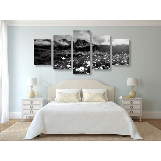 5-dielny obraz rozkvitnutá lúka v čiernobielom prevedení