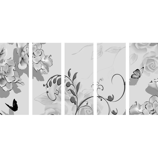 5-dielny obraz čiernobiele kvety v luxusnom prevedení