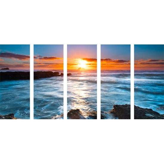 5-dielny obraz nezabudnuteľný západ slnka pri mori