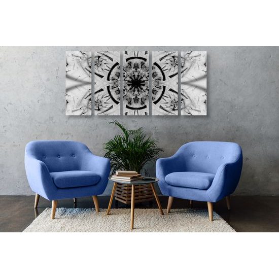 5-dielny obraz futuristická Mandala v čiernobielom prevedení