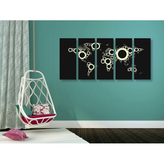 5-dielny obraz mapa sveta tvorená kružnicami v čiernobielom prevedení