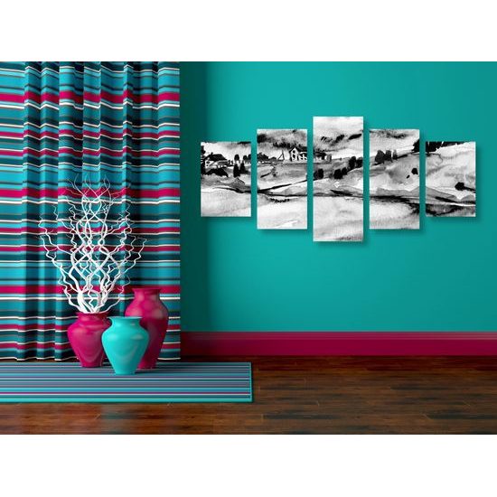 5-dielny obraz akavarelové Talianske mestečko v čiernobielom prevedení