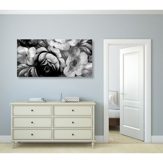 Obraz abstraktná umelecká maľba kvetín v čiernobielom prevedení