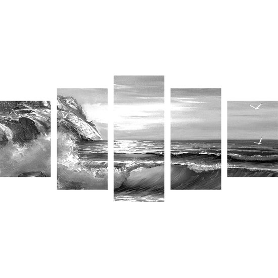 5-dielny obraz nekľudné more v čiernobielom prevedení
