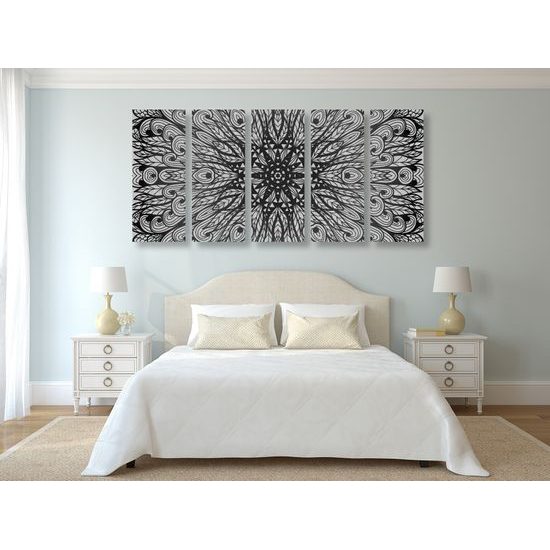 5-dielny obraz zaujímavá luxusná Mandala v čiernobielom prevedení