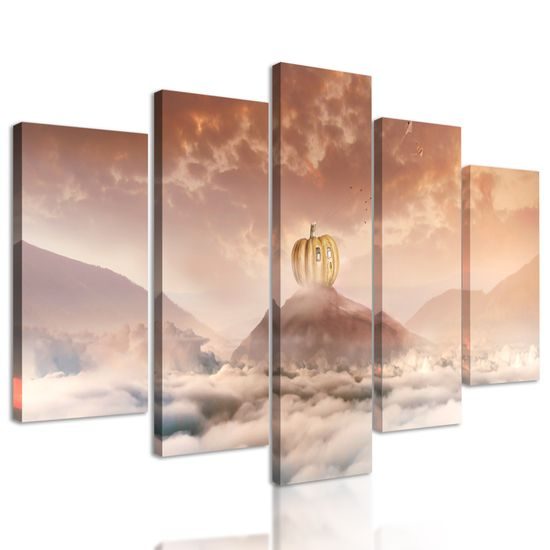 5-dielny obraz domček z tekvice na vrchole hory