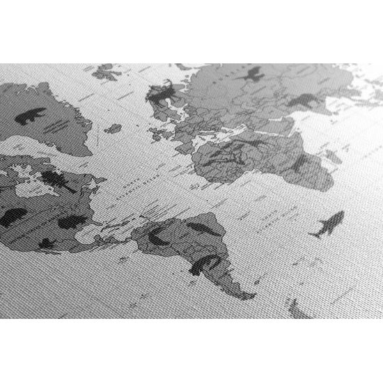 Obraz mapa sveta so symbolickými zvieratami v čiernobielom prevedení