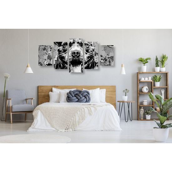 5-dielny obraz abstrakcia psa v čiernobielom prevedení