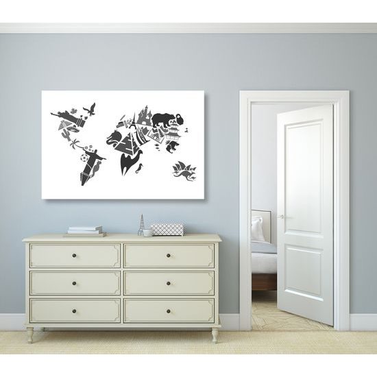 Obraz mapa sveta tvorená symbolmi krajín v čiernobielom prevedení