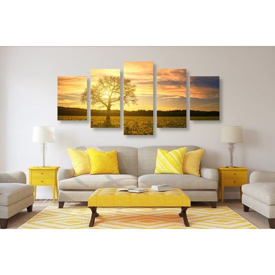 5-dielny obraz slnko zapadajúce za les