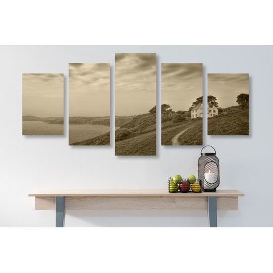 5-dielny obraz dom pri mori v sépiovom prevedení