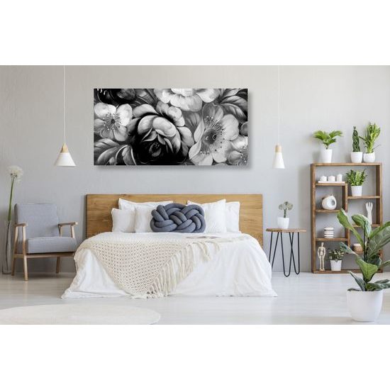 Obraz abstraktná umelecká maľba kvetín v čiernobielom prevedení
