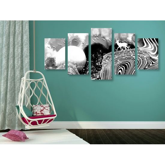 5-dielny obraz abstrakcia prírody v čiernobielom prevedení