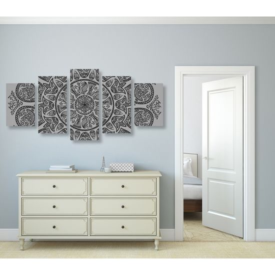 5-dielny obraz kmeňová Mandala v čiernobielom prevedení