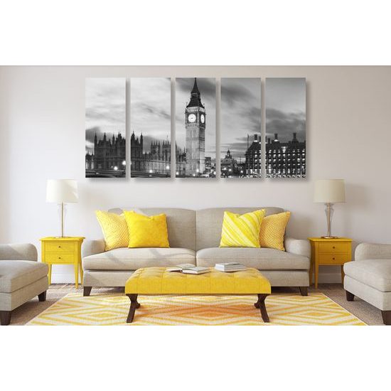 5-dielny obraz nasvietený Big Ben v čiernobielom prevedení