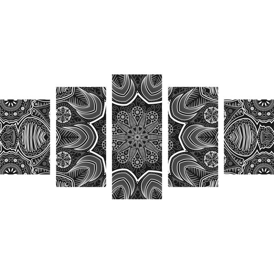 5-dielny obraz kvetinová Mandala v čiernobielom prevedení