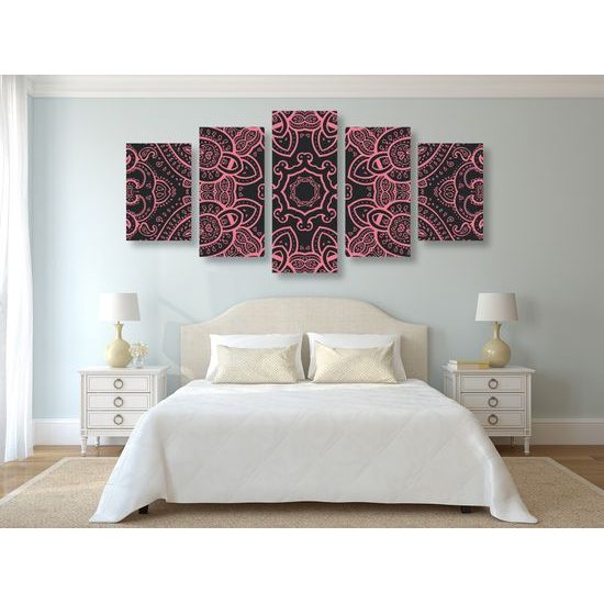 5-dielny obraz Mandala v indickom štýle v ružovom prevedení