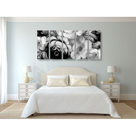 5-dielny obraz abstraktná maľba kvetín v čiernobielom prevedení