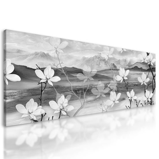 Obraz kvety s ľadovým pozadím v čiernobielom prevedení