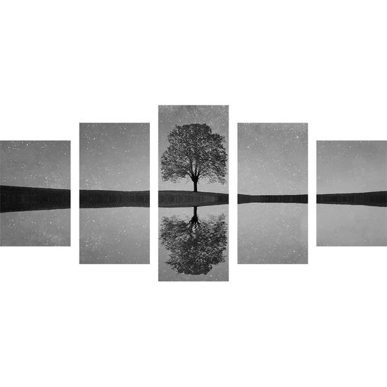 5-dielny obraz odraz hviezd na hladine jazera v čiernobielom prevedení