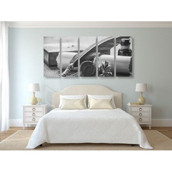 5-dielny obraz historický list v čiernobielom prevedení