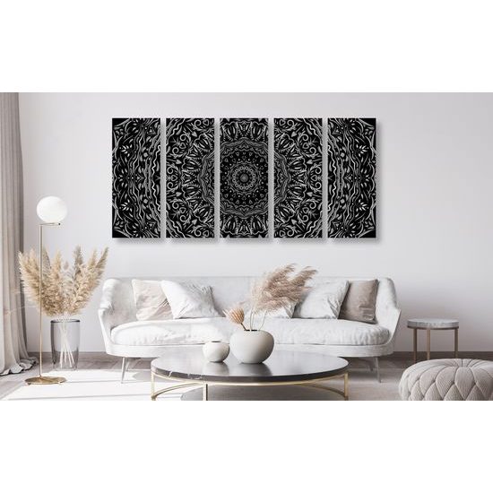 5-dielny obraz ukľudnujúca Mandala v čiernobielom prevedení