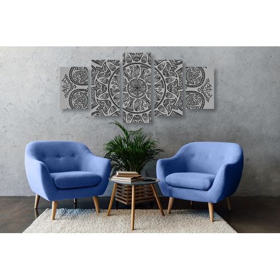 5-dielny obraz kmeňová Mandala v čiernobielom prevedení