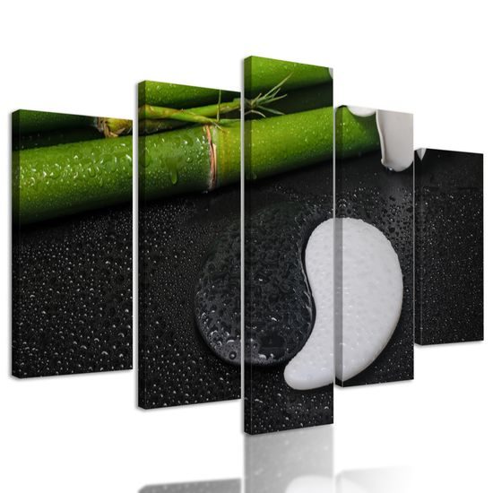 5-dielny obraz bambusové zátišie so symbolom Jin a Jang