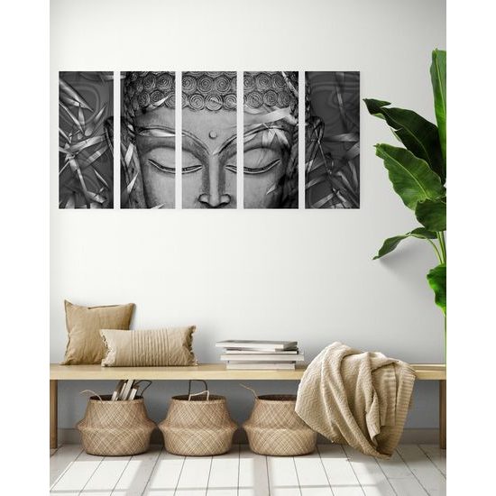 5-dielny obraz abstraktný Budha v čiernobielom prevedení