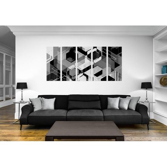 5-dielny obraz futuristická abstrakcia tvarov v čiernobielom prevedení