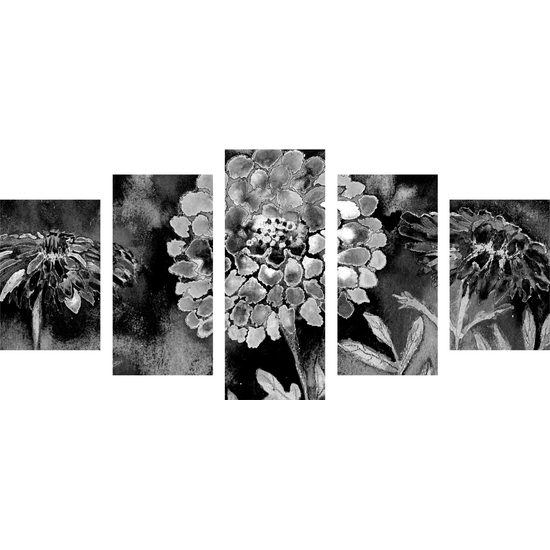 5-dielny obraz čiernobiela olejomaľba kvetov