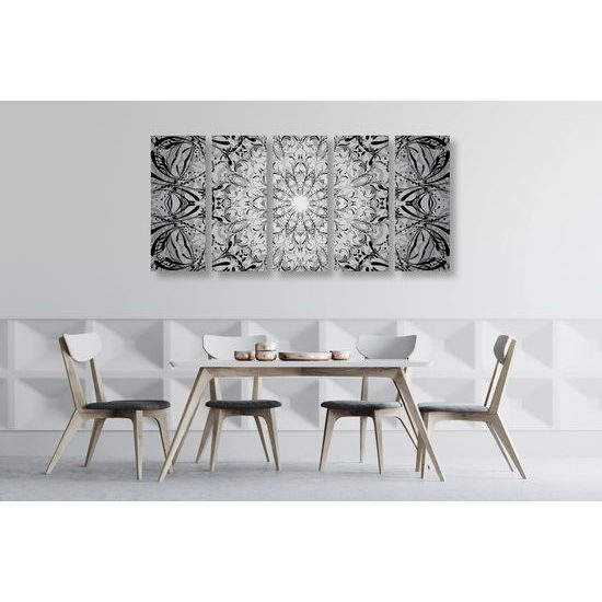 5-dielny obraz Mandala v čiernobielom prevedení