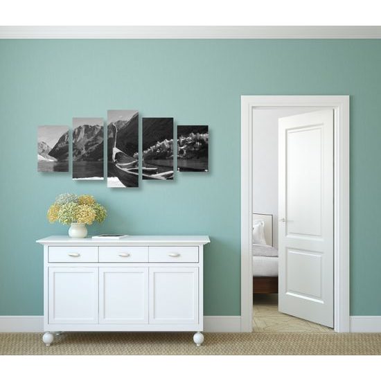 5-dielny obraz maľovaná vikingská loď v čiernobielom prevedení