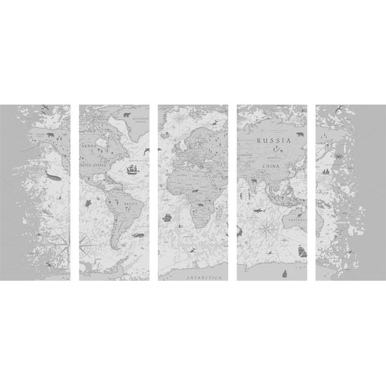 5-dielny obraz mapa sveta s historickým nádychom v čiernobielom prevedení