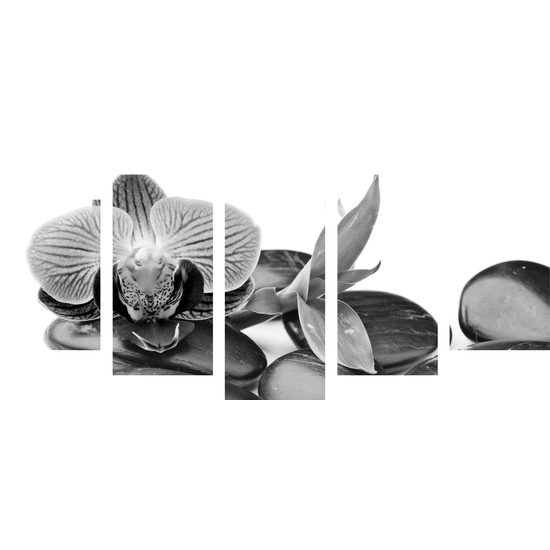 5-dielny obraz ploské wellness kamene v čiernobielom prevedení