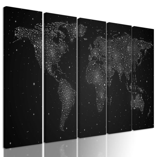 5-dielny obraz mapa sveta na nočnej oblohe v čiernobielom prevedení
