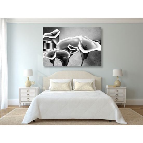Obraz luxusné kvety kaly v čiernobielom prevedení