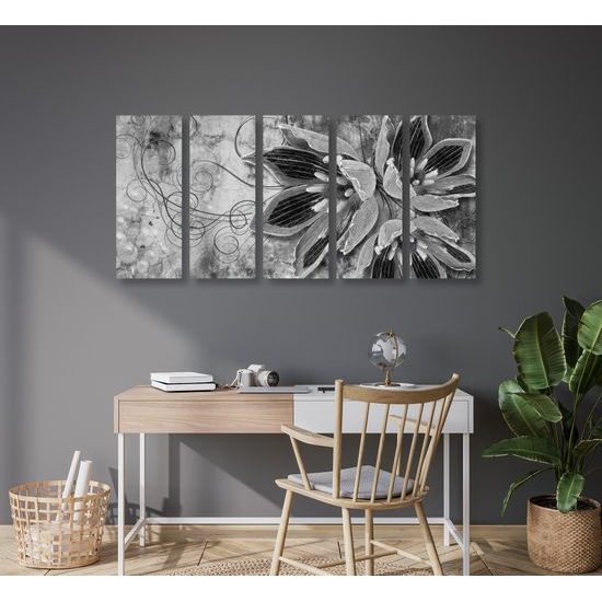5-dielny obraz abstraktný kvet v čiernobielom prevedení