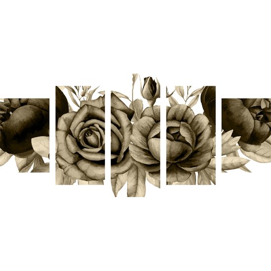 5-dielny obraz nežné splynutie ruží a listov v sépiovom prevedení