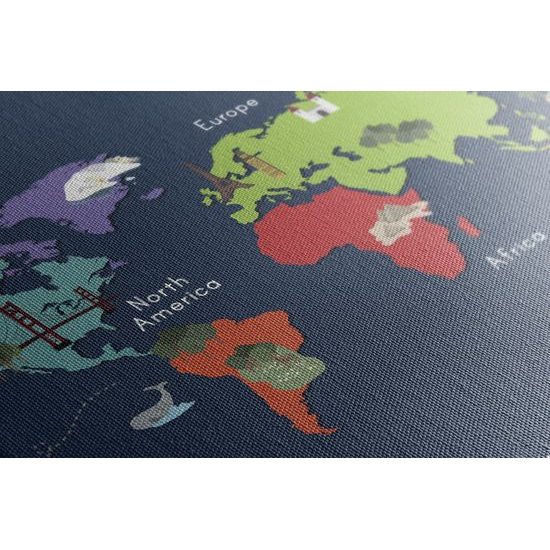 Obraz mapa sveta s kreslenými dominantami
