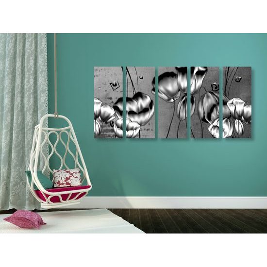 5-dielny obraz čiernobiele maky vo vintage štýle