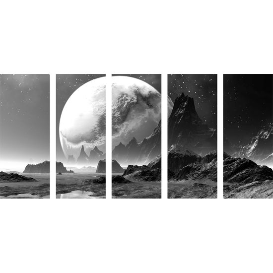 5-dielny obraz tajomná fantasy planéta v čiernobielom prevedení