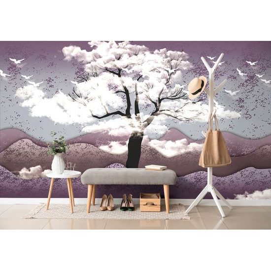 Samolepiaca tapeta strom v oblakoch vo fialovej krajine