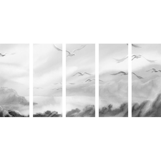 5-dielny obraz divoké čajky v čiernobielom prevedení