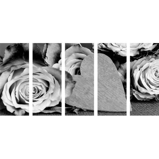 5-dielny obraz nádherné žlté ruže v čiernobielom prevedení