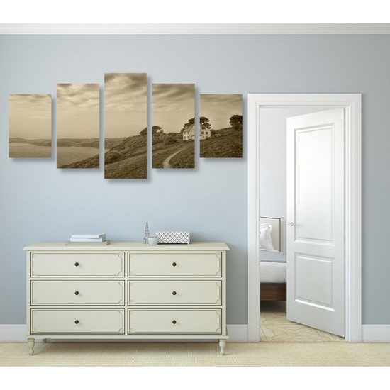 5-dielny obraz dom pri mori v sépiovom prevedení
