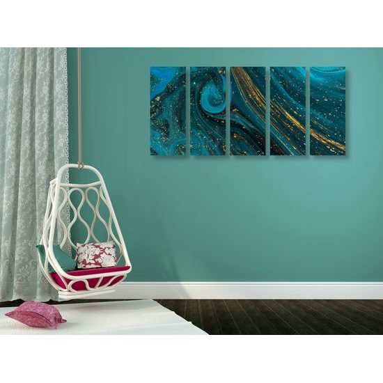 5-dielny obraz abstrakcia v petrolejovo zlatých farbách